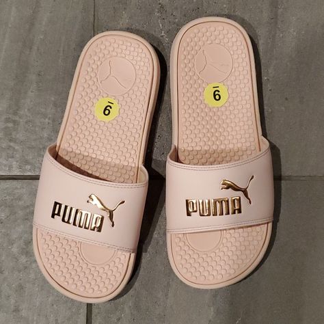 Puma. Made In China. Fabric Is Synthetic. Us Size 9. Pink With Gold Trim. Shoes Puma, Puma Shoes, Pumas Shoes, Made In China, Pink Gold, Gold Trim, Slip On Sandal, Women's Shoes Sandals, Pink And Gold