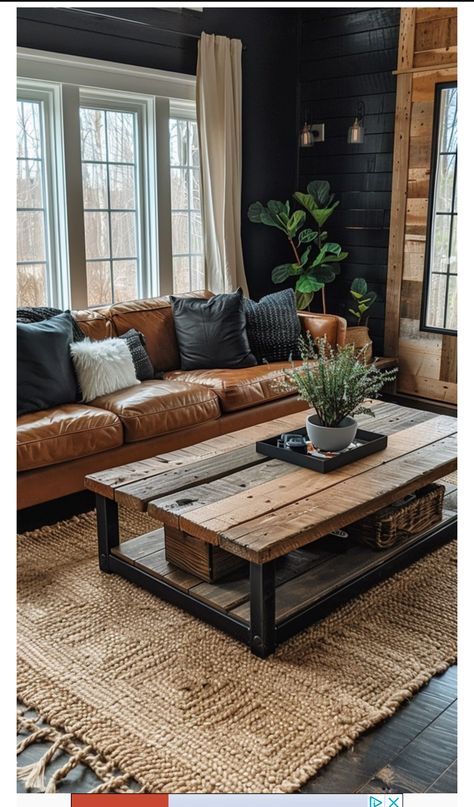 Black And Natural Living Room Ideas, Living Room Wood And Black, Living Rooms With Leather Sofas, Black Leather Furniture Living Room, Modern Rustic Living Room Decor Ideas, Simple Men’s Living Room, Black And Dark Wood Living Room, Black And Tan Room, Masculine Farmhouse Living Room