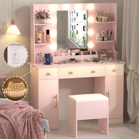 PRICES MAY VARY. 💄3 LIGHTING MODES & BRIGHTNESS ADJUSTABLE: The dressing table is designed with a big mirror. Surrounding the mirror, there are 10 lights. You can change the color in three modes and adjust the brightness of light with the controller. 💄LARGER STORAGE CAPACITY: The makeup vanity is combined by SIX parts: 2 drawer chests, 2 cabinets with adjustable shelves, a large drawer, a wide desktop, 4 open shelves and a cushioned stool. It can help you to classify and store your items, so t Vanity For Girls Room, Kids Vanity Ideas, Girls Dressing Table Ideas, Preppy Bedrooms, Bedroom Preppy, Girls Dressing Table, Ikea Vanity, Vanity Desk With Mirror, Desk With Mirror