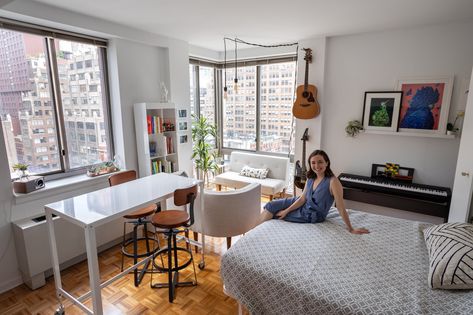 My 400sqft: How a lifestyle blogger and her husband make small-space living work for them | 6sqft Studio Apartment Floor Plans, David Adjaye, Apartment Floor Plans, Studio Apartment Layout, Small Bedroom Designs, Studio Living, Apartment Layout, Studio Apartment Decorating, Apartment Interior Design