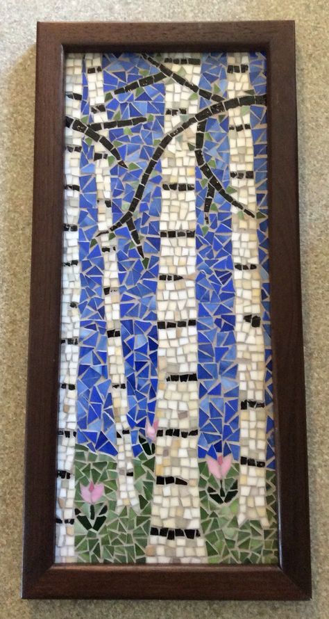 Mosaic birch trees in Spring Tree Mosaic Art, Birch Tree Mosaic, Stained Glass Birch Trees, Mosaic Forest Scene, Tree Mosaic, Mosaic Tiles Crafts, Mosaic Furniture, Deer Wall Art, Tree Of Life Art