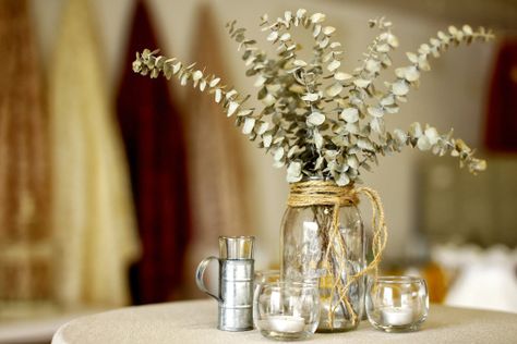 Eucalyptus Mason Jar, Mexican Candle, Floral Reference, Wedding Centerpeices, Distressed Wood Table, Cocktail Table Decor, Fifty Flowers, Wedding Swag, Table Arrangements Wedding