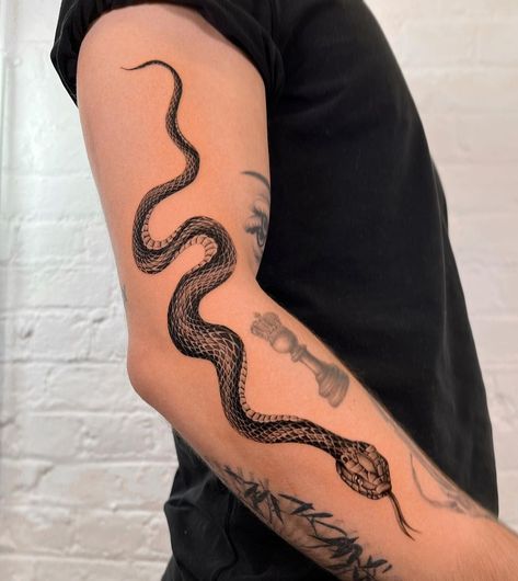 https://www.instagram.com/p/Cb2vfKOsY_i/?igshid=OTE2OGRmYjI= Snake Skeleton Tattoo, Snake Arm Tattoo, Justin Tattoo, Snake Skeleton, Around Arm Tattoo, Black And White Snake, Skeleton Tattoo, Snake Tattoos, Special Tattoos