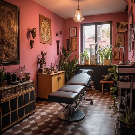 Cute Tattoo Studio Interior, Cool Tattoo Studio Interior, Tattoo Shop Flooring, Aesthetic Tattoo Parlor, Tattoo Studios Workspaces, Private Studio Tattoo, Basement Tattoo Studio, Garage Tattoo Studio, Salon Interior Design Industrial