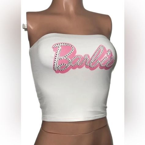 Knit Tube Top, Personal Investigation, Barbie Signature, Barbie Top, Character Board, Y2k Pink, Rhinestone Embellishments, Straight Neckline, Colorful Party