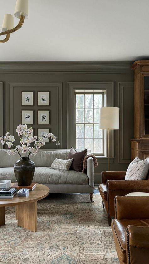 Jean Stoffer on Instagram: “We made six spaces one glorious room at the Woodward house. Big effort? Yes. Worth it? Oh yes.” Wall Paneling In Living Room, Cotswold Living Room, Muted Green Living Room, Simple Moody Living Room, Jean Stoffer Living Room, Classic Sitting Room, Taupe Walls Living Room, Snug Decor, Moody Sitting Room