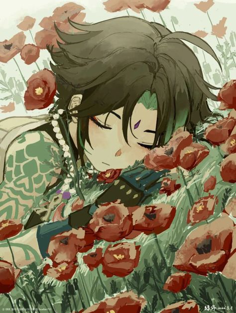 Xiao Fanart, Anime Character, On Twitter, Twitter, Flowers, Green, Hair, Anime