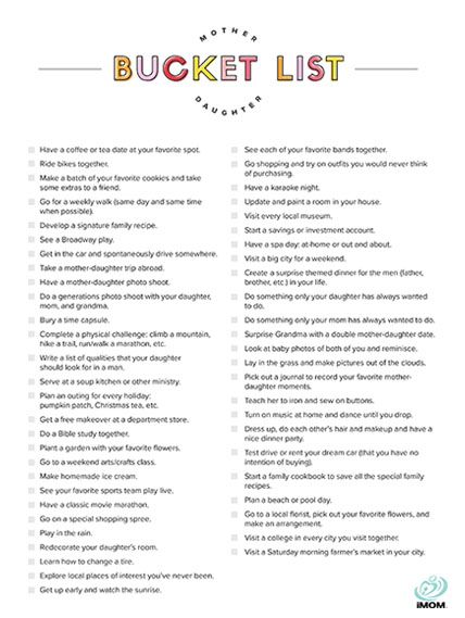 Mother-Daughter Bucket List - Susan Merrill Mother Daughter Journal, Mommy Daughter Dates, Boyfriend Bucket Lists, Relationship Bucket List, Mother Daughter Dates, Free Printables For Kids, Mother Daughter Date Ideas, Tumblr Relationship, Relationship Gifs