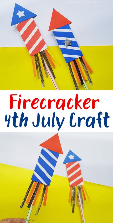 Prek Fourth Of July Crafts, Kids Firework Craft, Fire Work Crafts For Kids, 4th Of July Kindergarten Craft, Fire Cracker Craft, Fourth Of July Kindergarten Crafts, 4th Of July Boards For Classroom, 4th Of July Crafts Diy, July Fourth Crafts