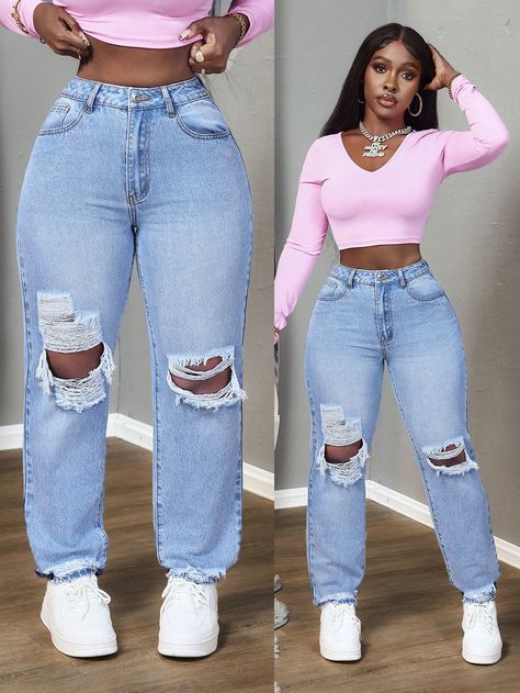 Women Loose Fit High Waisted Straight Leg Distressed Denim Mom Jeans Light Wash Casual   Denim Plain Tapered/Carrot Non-Stretch  Women Clothing, size features are:Bust: ,Length: ,Sleeve Length: Straight Leg Jeans Outfits Casual, Outfit Ideas Ripped Jeans, Costume Vert, Jean Mom, Mom Jeans Outfit, Sleeveless Tops Summer, Jeans Mom, Classy Casual Outfits