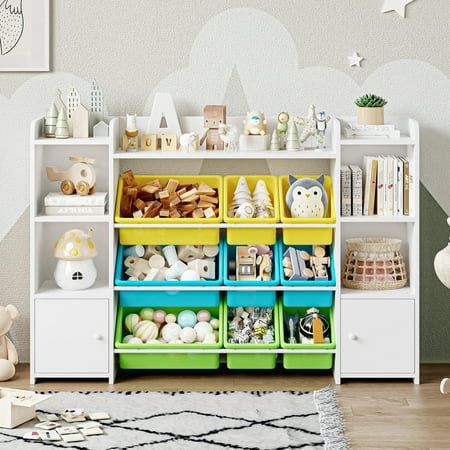 Homfa Kids Bookcase with 9 Bins, White Toy Cubby Storage Organizer Bookshelf with 2 Door for Kids Room Playroom Organization Playroom With Storage, Toddle Room, Toddler Toy Organization, Toy Cubby Storage, Organize Toddler Toys, Toy Organization Ideas, Toy Storage Cabinet, Cubby Bins, Toddler Organization