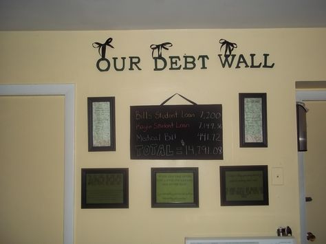 Here is our Debt Wall to serve as a constant reminder to pay it down! In the frames are Dave Ramsey's famous sayings to keep us motivated. , the black board is spray painted with chalkboard paint. Remember: Don't be ashamed of your debt, OWN IT!! Plus the more people you tell, the faster you tend to pay it off, at least for us that has been the case! ENJOY! Dave Ramsey Quotes, Dave Ramsey Debt, Financial Peace University, Quotes Creative, Debt Payoff Printables, Financial Quotes, Debt Freedom, Debt Tracker, Paying Off Credit Cards