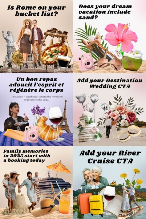 Travel Agent Social Media Posts: Creative Marketing Ideas with Instagram Post Template😍 Travel Agent Social Media, Travel Consultant Business, Creative Marketing Ideas, Digital Marketing Social Media, Creative Marketing, Collage Design, Ideal Client, Post Ideas, Marketing Ideas