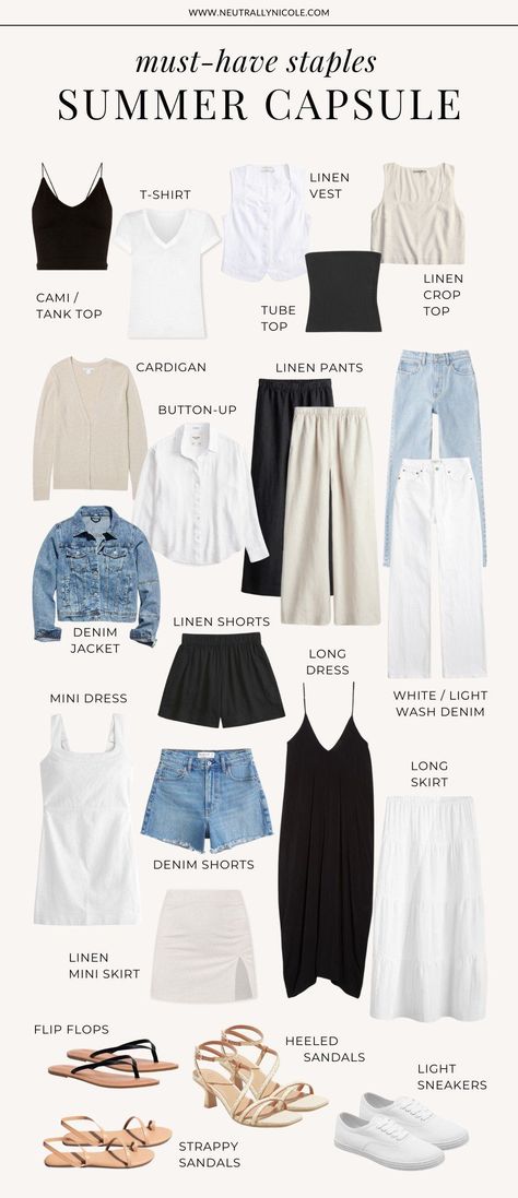 Minimalist Outfit Ideas Summer, Must Have Summer Clothes, Style Change Ideas Clothes, Maine Summer Outfit Ideas, Minimal Summer Wardrobe, Style Basics Women, Summer Staples 2024, Shoes To Have In Your Wardrobe, Minimalist Must Haves