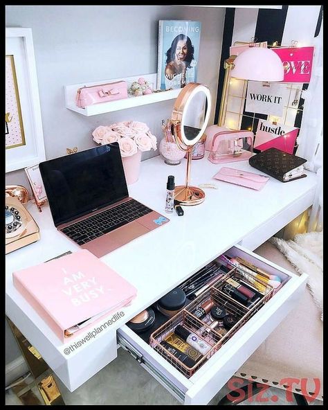 Glam Room Ideas, Girly Office, Girly Decor, Tumblr Rooms, Decor Ikea, Vanity Room, Study Room Decor, Rose Gold Mirror, Glam Room