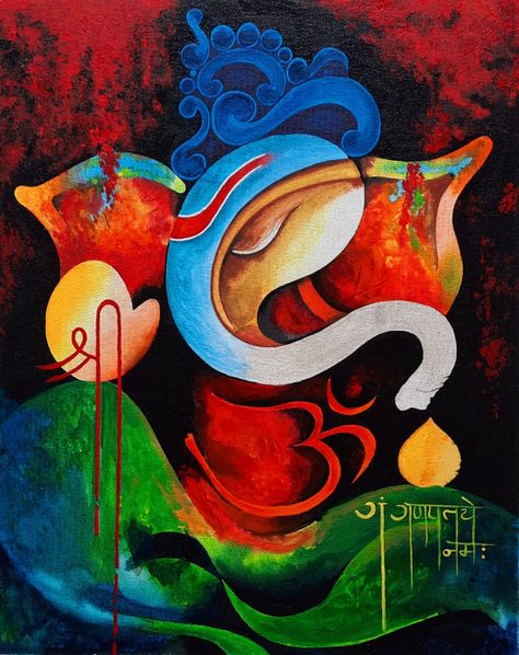 Colourful Ganesha Paintings, Ganesha Oil Painting On Canvas, Ganpati Bappa Abstract Painting, Ganpati Bappa Canvas Painting, Ganesh Ji Painting On Canvas, Ganpati Bappa Rangoli Designs, Ganpati Canvas Painting, Ganpati Bappa Painting, Bappa Painting