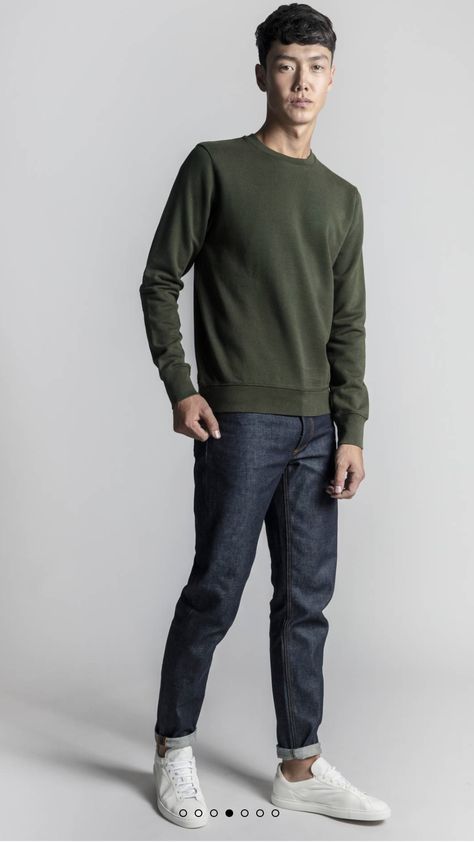 Raw Denim Jeans, Dusty Green, American Football Players, Green Sweatshirt, Green A, Raw Denim, Men's Wardrobe, Egyptian Cotton, Minimal Fashion