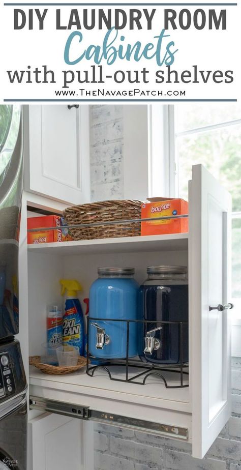 Laundry Room Cabinet with Pull-Out Shelves | DIY pull-out shelf | How to make sliding shelves for laundry room cabinet | DIY slide-out shelf and cabinet tutorial | DIY Laundry Room cabinet with Dog Feeding Station | How to install CabinetNow doors | Best paint for cabinets | #TheNavagePatch #diy #Laundry #organization #Cabinet #Tutorial #HowTo #Paintedfurniture #diyfurniture #dogfeedingstation | TheNavagePatch.com Diy Laundry Room Cabinets, Custom Laundry Room Cabinets, Diy Slide, Custom Laundry Room, Laundry Room Storage Shelves, Cabinet Diy, Small Laundry Room Organization, Room Storage Diy, Laundry Room Shelves