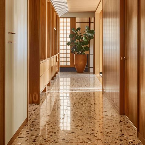 37 Mid-Century Hallway Designs That Will Leave Your Guests in Awe Spanish Mid Century Modern, Mid Century Modern Flooring, Passage Ideas, Mid Century Modern Hallway, Mid Century Hallway, Modern Hallway Design, Mid Century Modern Entryway, Contemporary Flooring, Hall Entrada