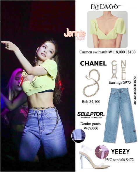 JENNIE STYLE’s Instagram profile post: “190608 | JENNIE 'IN YOUR AREA TOUR' SOLO OUTFIT  #Fayewoo #Chanel #Sculptor #Yeezy  #JENNIE #BLACKPINK #JENNIESTYLE #JENNIECLOSET…” Blackpink Style Outfits, Jennie Style Outfits, Jennie's Outfit, In Your Area Tour, Jennie Style, Blackpink Official, Kpop Store, Vinyl Accessories, Lit Outfits