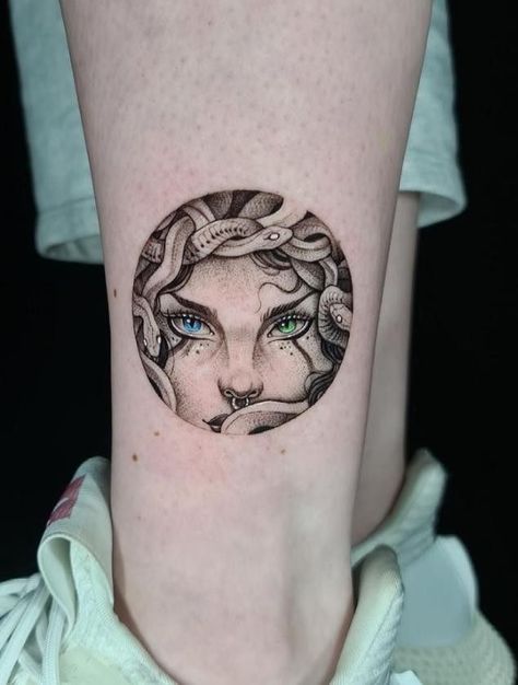 Pretty Medusa Tattoo Design For Women, Medusa Forearm Tattoo Women, Medusa Wrist Tattoo, Half Medusa Tattoo, Minimalist Medusa Tattoo, Split Personality Tattoo, Minimalistic Medusa Tattoo, Acting Tattoo, Witchy Sleeve Tattoo