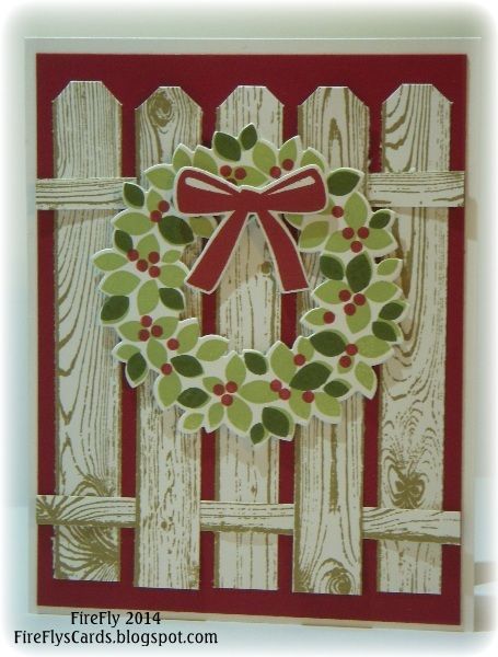 Wreath on a Fence Christmas Wreath Cards, Wondrous Wreath, Wreath Cards, Cottage Wreath, Pistachio Pudding, Handmade Christmas Card, Holiday Stamping, Christmas Paper Crafts, Stampin Up Christmas Cards