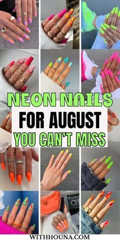 Neon Simple Nails, Neon Sns Nails, Bright Vacation Nails Neon, Green Neon Nails Design, Nail Inspo August, Neon Vacation Nails, Nail Ideas Bright Colors, Nails For August, Neon Nail Ideas Bright Colors