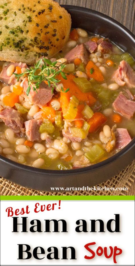 A Best Ever recipe for Ham and Bean Soup! An all-time favourite recipe for leftover ham, so hearty and delicious. via @artandthekitch Recipe For Ham And Bean Soup, Ham Bone Soup Recipes, Recipe For Ham, Ham Soup Recipes, Ham And Bean, Leftover Ham Recipes, Ham Soup, Ham And Beans, Ham And Bean Soup