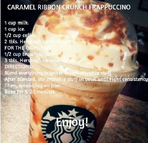 Tastes exactly like the real thing! How To Make A Starbucks Carmel Ribbon Crunch Frap, How To Make A Carmel Ribbon Crunch Frappuccino At Home, How To Make A Carmel Ribbon Crunch Frappuccino, Carmel Ribbon Crunch Frappe Starbucks, Carmel Ribbon Crunch Starbucks Copycat, Caramel Ribbon Crunch Frappuccino, Ribbon Crunch Frappuccino, Caramel Ribbon Crunch, Diy Caramel