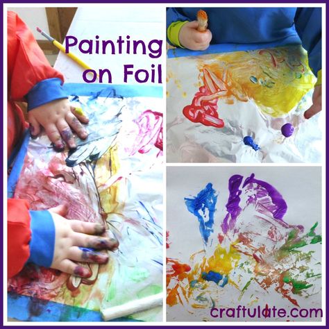 Painting on Foil from Craftulate Painting On Foil, Unusual Artwork, Car Ramp, Infant Classroom, Art Activities For Toddlers, Art Activity, Tin Foil, Foil Art, Toddler Art