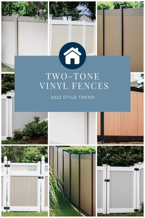 a selection of premium two tone vinyl backyard fences Grey Fences, Vinyl Fences, Garden Gates And Fencing, Vinyl Privacy Fence, Backyard Privacy, 2022 Style, Privacy Fences, Vinyl Fence, Privacy Fence