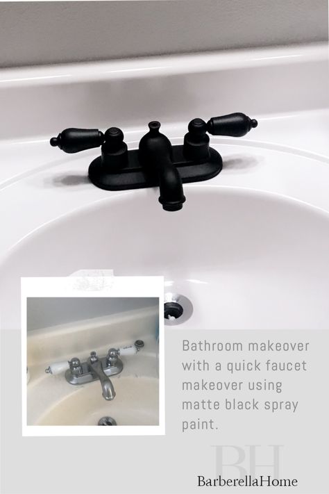 Bathroom makeover with a quick faucet makeover using matte black spray paint. Spray Painted Bathroom Fixtures, Painting Shower Fixtures Black, Spray Paint Light Fixture Black, Painting Fixtures Black, Spray Paint Sink Faucet, Paint Bathroom Faucet Black, Paint Faucet Black, Painting Bathroom Fixtures Black, How To Spray Paint Bathroom Fixtures