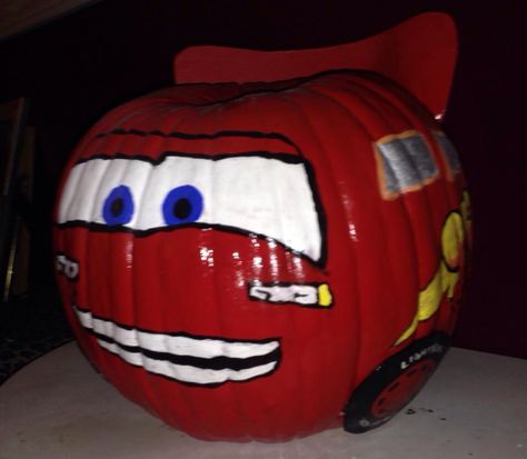 Lightning Mc Queen ( Cars) Lightning Mcqueen Painted Pumpkin, Disney Cars Pumpkin Painting, Lighting Mcqueen Pumpkin Painting, Lightning Mcqueen Pumpkin Painting, Lightning Mcqueen Pumpkin Carving, Cars Pumpkin Painting, Painting Ideas Lightning, Lightning Mcqueen Pumpkin, Cars Pumpkin