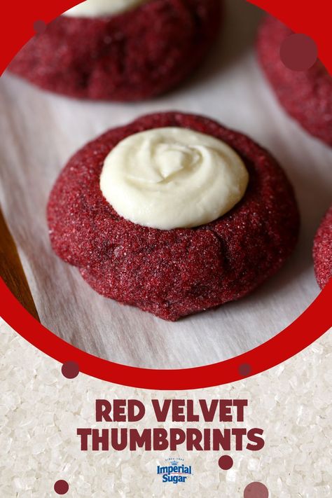 These sweet Red Velvet Thumbprints are like little bits of your favorite cake in cookie form. Chewy, soft, and topped with a dollop of white chocolate frosting, Red Velvet Thumbprint Cookies are perfect for your holiday platter, Valentine's Day. For more Valentine's Day recipes and ideas visit ImperialSugar.com and pin your favorites! Made this recipe? Show us! #imperialsugar #valentinestreats #redvelvetrecipes White Chocolate Frosting, Graham Cracker Cookies, Holiday Platters, Cream Cheese Spreads, Crunchy Cookies, Bar Recipes, Valentine's Day Recipes, Thumbprint Cookies, Cookie Bar Recipes