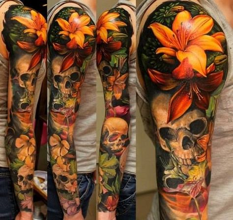 Realistic lily with skull tattoo on sleeve - 55+ Awesome Lily Tattoo Designs <3 <3 Natur Tattoo Arm, Lotusblume Tattoo, Lily Tattoo Design, Lotus Flower Tattoo Design, Hawaiian Tattoos, Nature Tattoo Sleeve, Attention Grabbers, Polynesian Tattoos, Marvel Tattoos