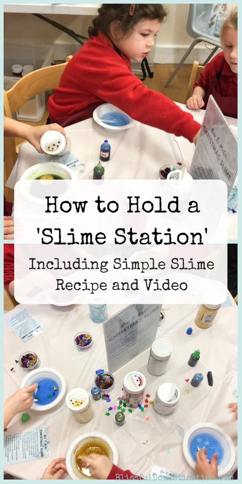 Winter Slime Recipe and How to Host a Slime Station! | Blissful Domestication Winter Slime, Slime Station, Slime Lab, Slime Games, Snowmen At Night, Slime Birthday, School Christmas Party, Halloween Class Party, Easy Slime Recipe