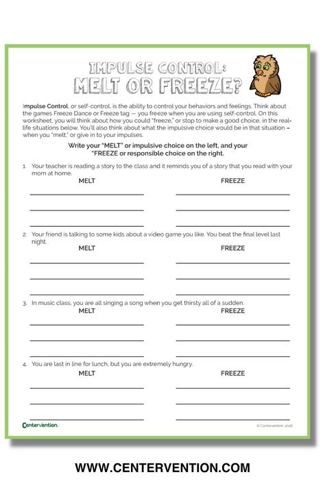 Looking for a fun printable and activity to help students understand impulse control? Free worksheet and instructions for how to lead students in the Melt or Freeze activity. Your students will think about ways they can control their behaviors and feelings through Freeze Dance or Freeze Tag examples. Fun and free emotional regulation and self control activity for elementary or middle school students. Freebie! Impulse Control Middle School, Impulsive Behaviors Worksheet, Stop Think Do Activities, Impulsivity Activities For Kids, Self Control Worksheets For Kids, Impulse Control Activities For Teens, Frustration Tolerance Activities Kids, Self Control Worksheet, Telehealth Therapy Activities For Kids