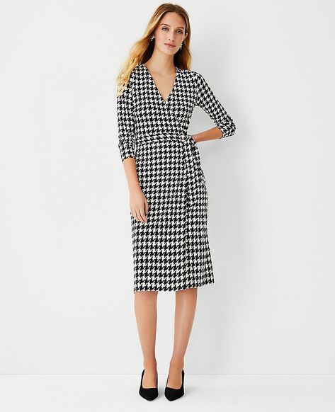 Houndstooth Matte Jersey Wrap Dress | Ann Taylor Jersey Wrap Dress, Knit Wrap Dress, Knitted Suit, Knit Wrap, Black Dresses Casual, Black Wrap Dress, Tie Belt, Holiday Dresses, Pretty Outfits