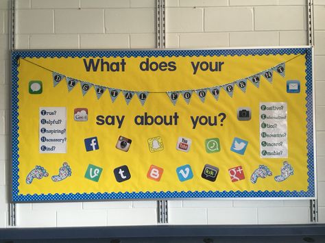 Digital footprint bulletin board (digital citizenship) Hallway Bulletin Boards, Library Bulletin Boards, Classroom Organisation, Digital Citizenship, Poster Display, Digital Footprint, Library Displays, Classroom Inspiration, Future Classroom