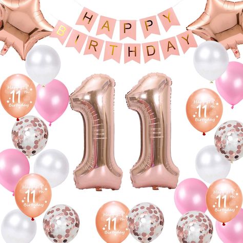 PRICES MAY VARY. 11th Birthday Decorations Rose Gold Sets Include: 1 * Rose Gold 'HAPPY BIRTHDAY' Letter Banner, 1* number 11 balloons, 2* star foil balloons, 20 latex party balloons in 4 styles(5* pink color, 5* rose gold confetti, 5* white, 5* happy 11th birthday), 1* 10m ribbon. Total 26packs in one package. Happy 11th birthday party supplies are ideal for daughter 11th birthday party, 11th girl birthday party, cheers to 11 years old birthday party, 11& fabulous party, rose gold 11th birthday Cake For 12 Birthday, Happy Birthday 12, Birthday Foil Balloons, 15th Birthday Decorations, Party Balloons Decorations, 12 Balloons, Happy 11th Birthday, Happy 12th Birthday, Birthday Party Balloons