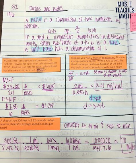 Ratios and Rates interactive notebook page for algebra 1 Middle School Math Lesson Plans, Seventh Grade Math, Free Math Resources, Ratios And Proportions, Sixth Grade Math, Notebook Pages, Math Interactive, Math Anchor Charts, Math Interactive Notebook