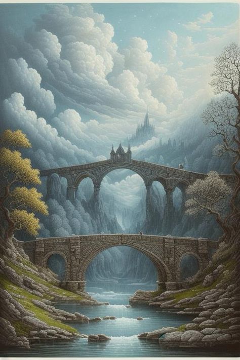 extremely detailed muted coloured hand drawing in the style of Joe Fenton, mind blowing landscape with stone bridge and a remarkable old oak tree, dramatic clouds, fantastical, surrealistic, elegant, beautiful, high definition, striking drawing, artstation, intricate, beautiful, award winning, fantastic view, fantasy, elaborate, HDR, crisp quality, https://apps.apple.com/us/app/genzart-ai-art-generator/id1669915100 Fantasy Bridge Drawing, Fantasy Bridge Concept Art, Fantasy Bridge Art, Old Stone Bridge, Old Bridge Drawing, Stone Bridge Drawing, Bridge Fantasy Art, Bridge Concept Art, Fantasy Bridge