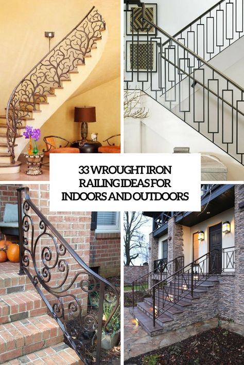 33 Wrought Iron Railing Ideas For Indoors And Outdoors Relling For Home Iron, Wrought Iron Doors Stair Railing, Rot Iron Staircase Railings, Wrought Iron Stair Railing Outdoor Porch, Wrought Iron Stair Railing Lowe's, Banister Ideas, Outdoor Railing, Iron Staircase Railing, Outdoor Staircase