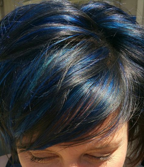 Short Hair Blue Highlights, Blue Highlights Short Hair, Short Hair With Blue Streaks, Blue Streaks Short Hair, Short Black Hair With Blue Streaks, Blue Highlights In Brown Hair Short, Blue Pixie Haircut, Pixie Haircut Blue Highlights, Blue Pixie Cut