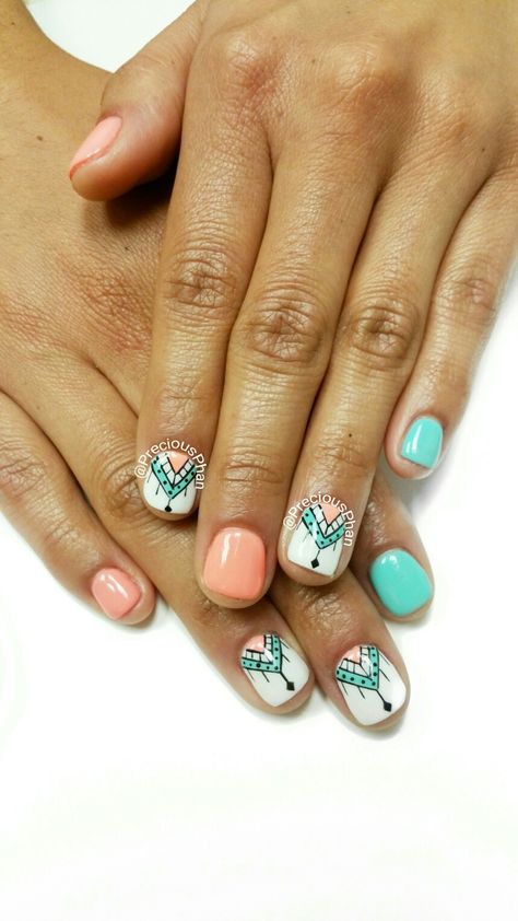 Aztec nails. Mint and coral nails. #PreciousPhanNails Mint Green And Coral Nails, Coral And Teal Nails Color Combinations, Coral And Mint Nails, Turquoise And Coral Nails, Aztec Nail Designs, Turquoise Acrylic Nails, Kid Nails, Nails Western, Nail Purple