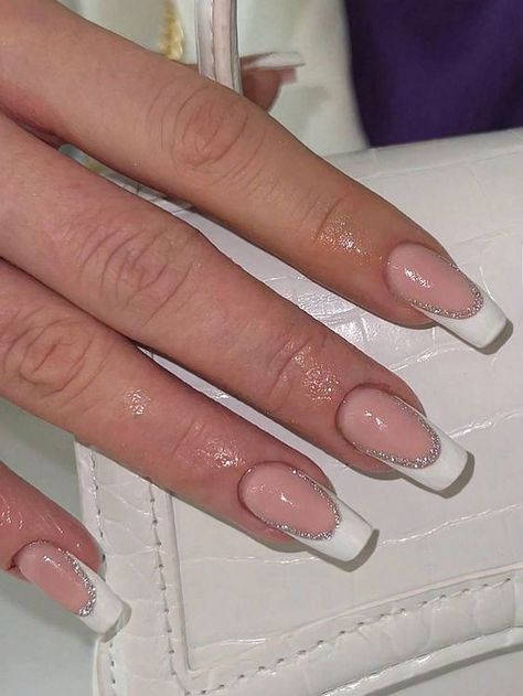 White French Prom Nails, White French Tip Silver Line, French Tips With Glitter Outline, French Tips With Silver Line, White And Silver French Tip Nails, Nail Inspo Square Medium, White Glitter French Tip, White Nails French, Dance Nails