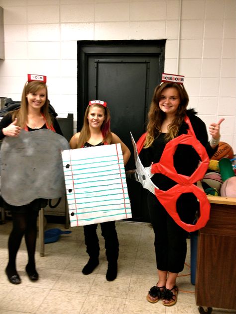 Halloween Costume Rock, Paper, Scissors Scissors Costume, Rock Paper Scissors Costume, 3 People Halloween Costumes, 3 People Costumes, Best Friend Halloween Costumes, Halloween Costumes For 3, Homemade Costume, Costume Works, Holloween Costume