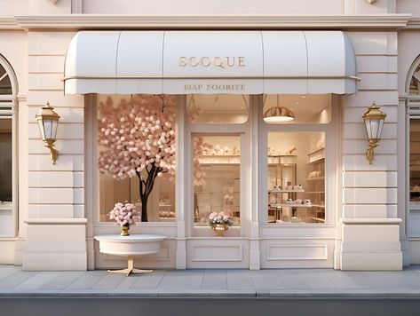 Makeup Store Exterior, Faux Store Fronts, Bridal Shop Store Fronts, Luxury Boutique Exterior, Boutique Cake Design, Paris Window Display, Salon Shop Front Ideas, Boutique Facade Design, Hair Salon Exterior Store Fronts