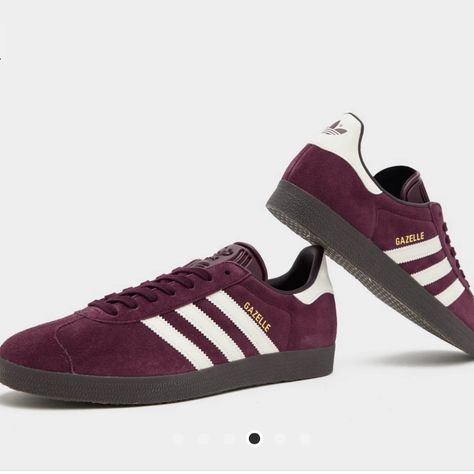 Burgundy Color, Buttery Suede. Adidas Gazelle Burgundy, Classic Burgundy Sneakers With Round Toe, Classic Burgundy Round Toe Sneakers, Dark Red Sneakers, Burgundy Sneakers Outfit, Adidas Gazelle Shoes, Maroon Shoes, Gazelle Adidas, Burgundy Sneakers