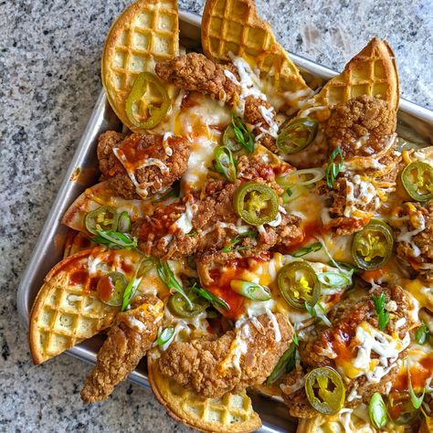 Chicken and waffle nachos - The Food in My Beard Waffle Nachos, Waffle Taco, Honey Chipotle Chicken, Frozen Waffles, Honey Chipotle, Popcorn Chicken, Dinner Plan, Chicken And Waffles, Easy Dishes